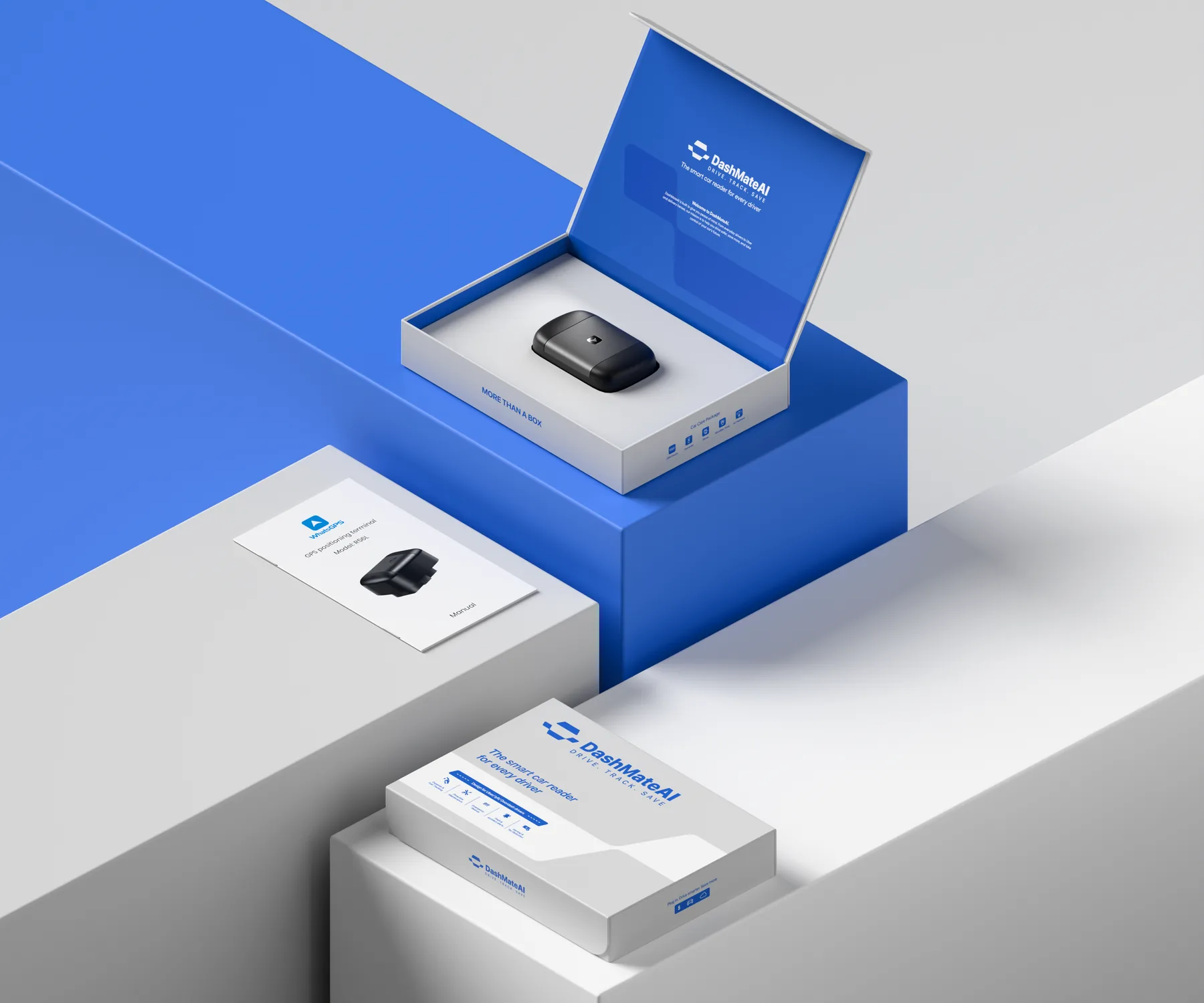 DashMate AI flip top box open on a blue block