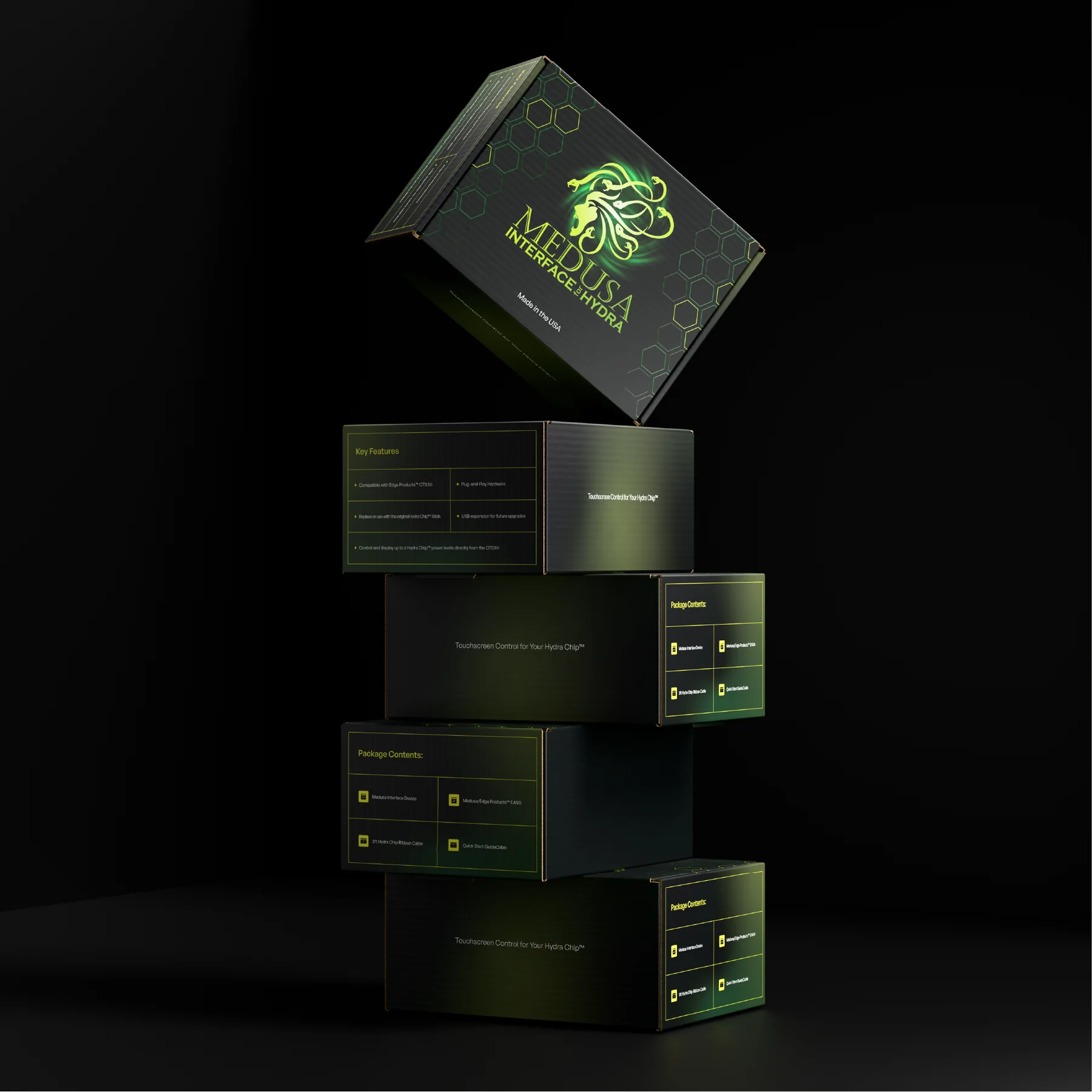 Black Medusa Interface mailer boxes with a green mark